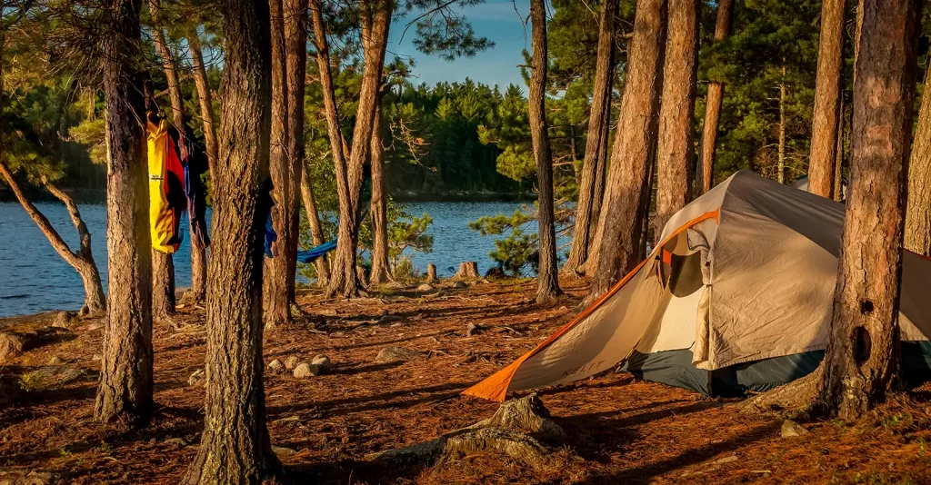 A tent setup in the trees along the shores of the Lake of the Woods.