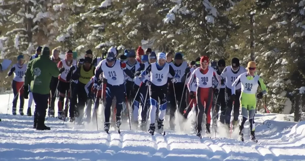 A group of cross-country skiiers racing towards the camera.