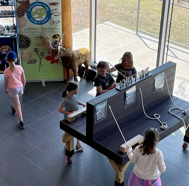 A group of kids interact with the Knot Tying exhibit at the Discovery Centre.